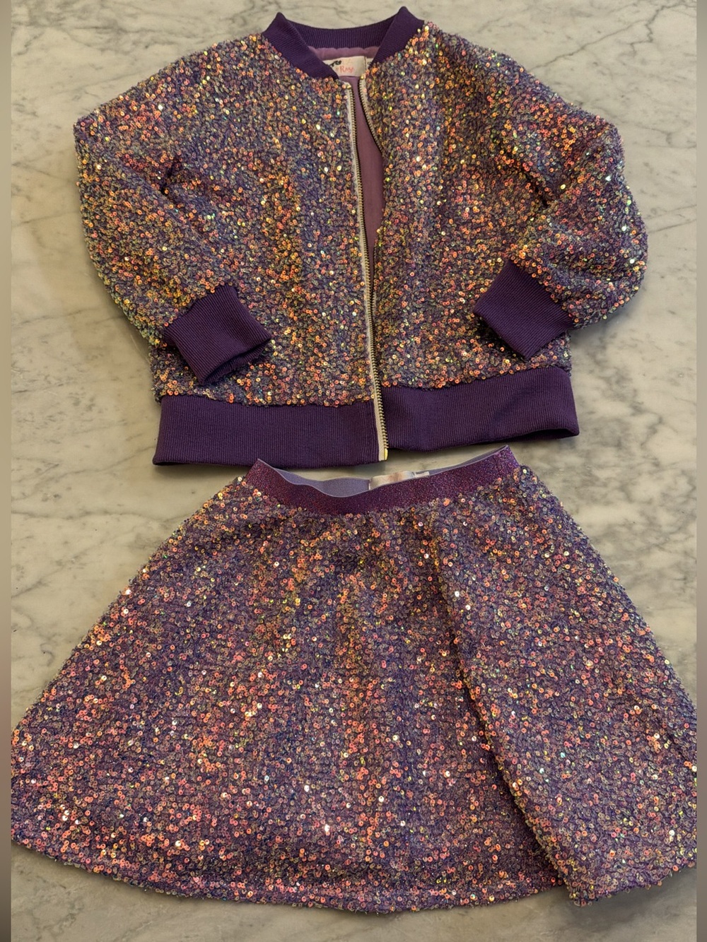 Girls Purple Sequin Bomber Jacket & Skirt Set - Sparkly size 5/6